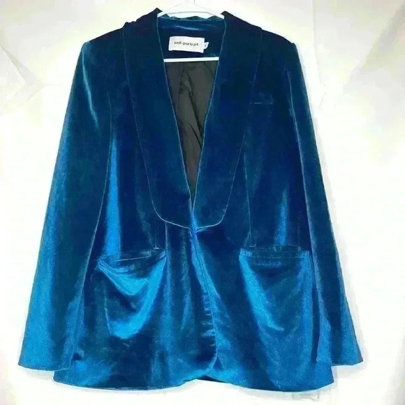 Self Portrait Blue Velvet Shawl Blazer Size Large - Picture 2 of 16